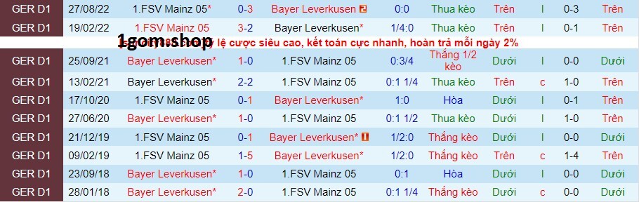 Thành tích đối đầu giữa Bayer Leverkusen vs Mainz 05